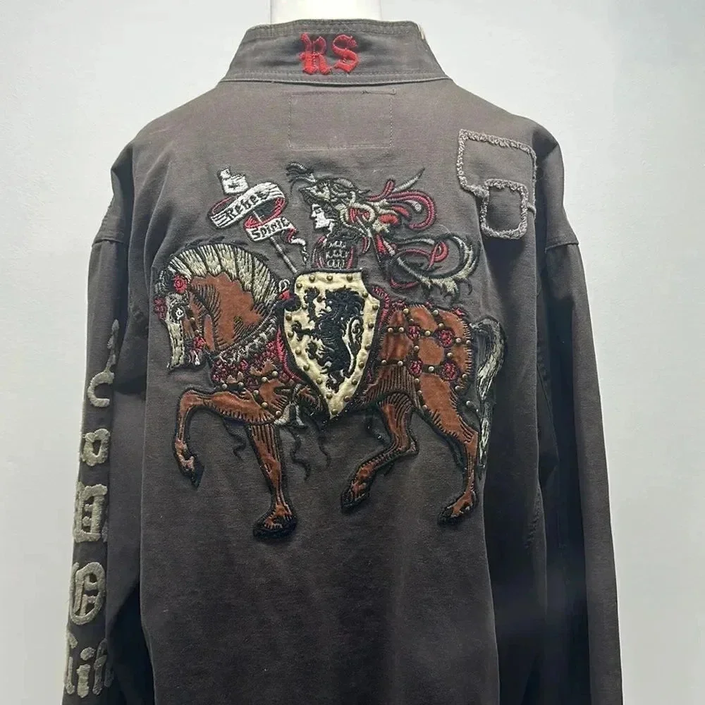 Rebel Spirit Military Jacket Coat Medieval Knight Horse Button Down Plus Sz 3XL